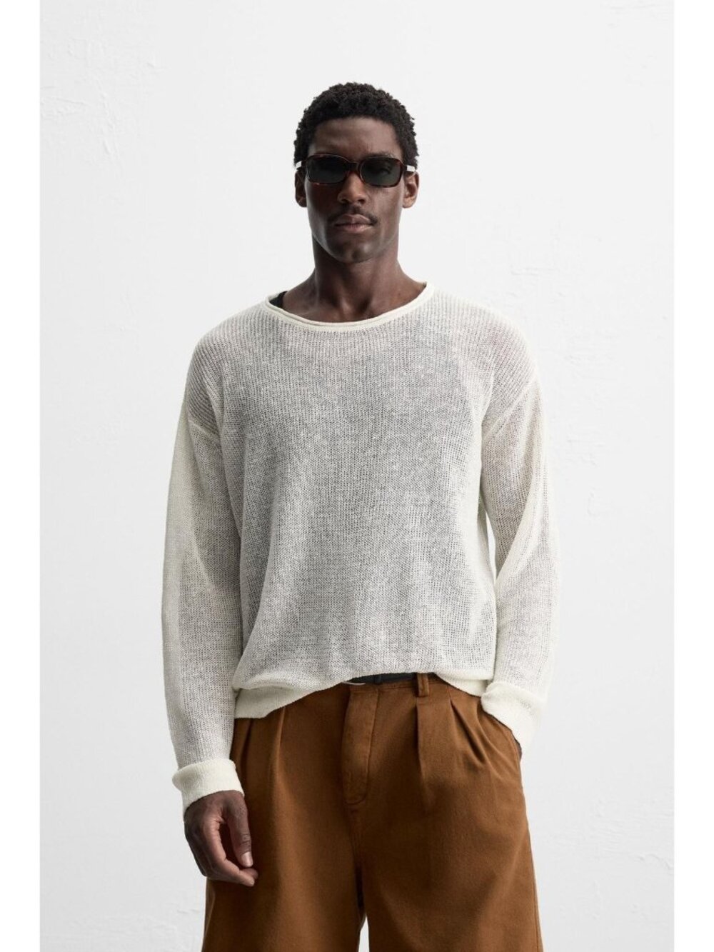 Zara Mens Linen Blend Sweater Medium M Crew Ecru Ivory Loose-Fit 9598/302 NWT